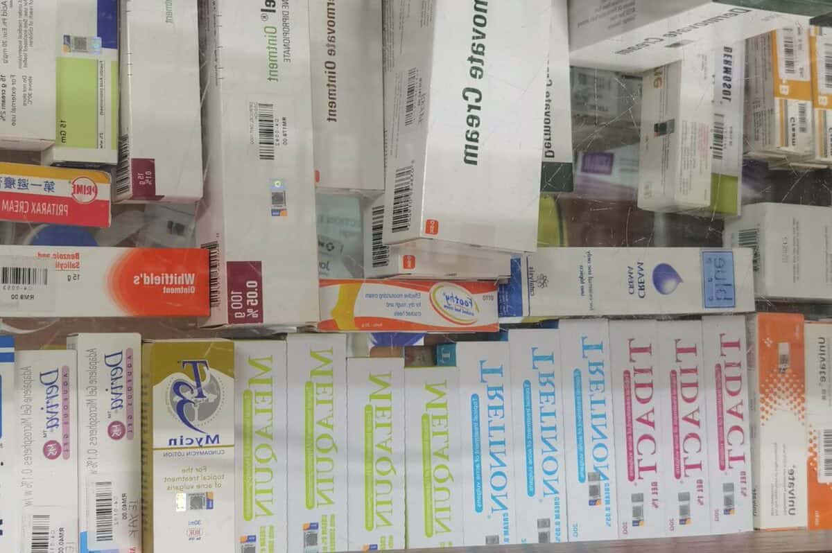 Skin care products on pharmacy shelves at Farmasi 727 in Kepong Kuala Lumpur